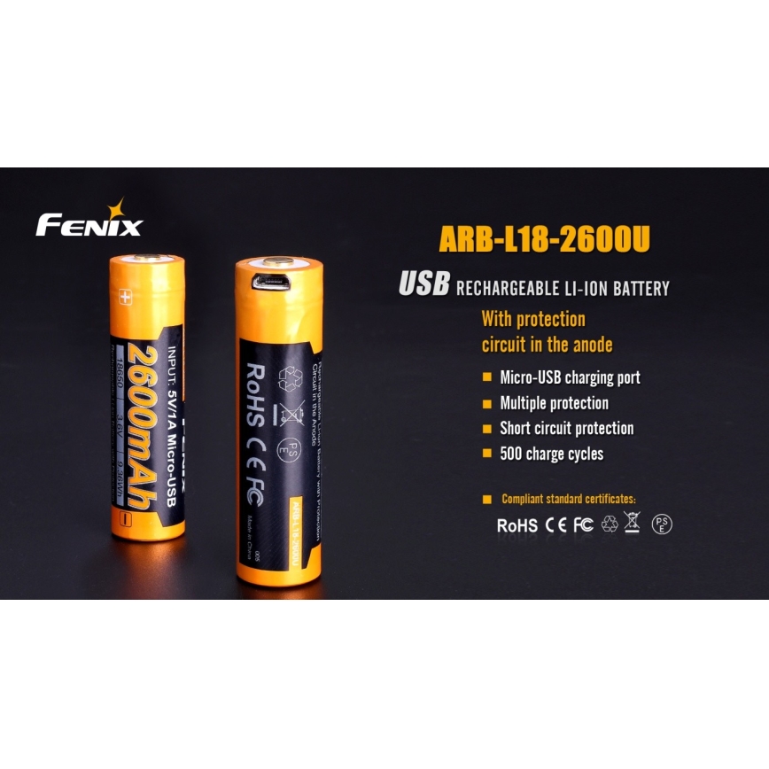 Fenix FE18650LI26USB - 1 stuk Oplaadbare accu USB/3,6V 2600 mAh