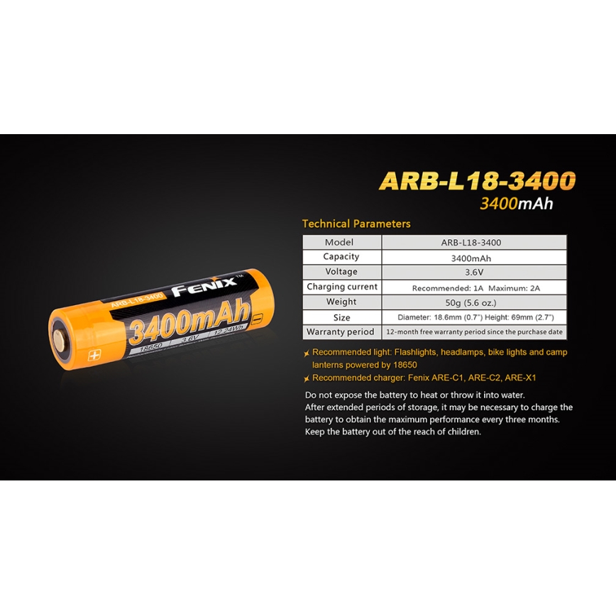 Fenix FE18650LI34 - 1 stuk oplaadbare Li-ion 18650-cel 3,6V 3400 mAh