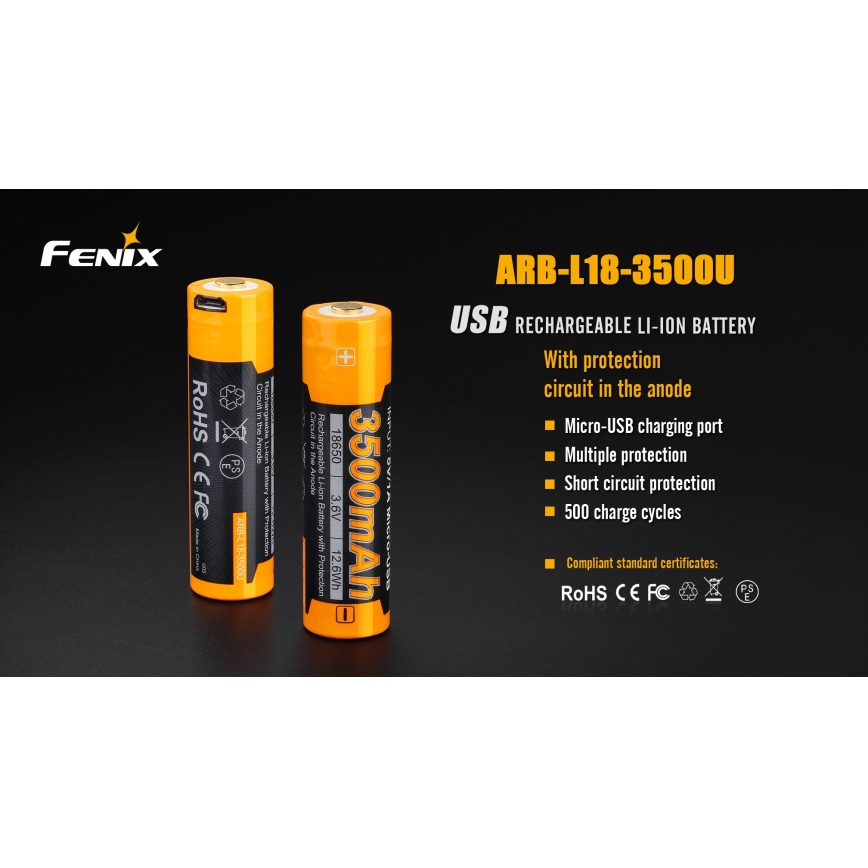 Fenix FE18650LI35USB - 1 stuk USB-oplaadbare Li-ion-accu, 3,6 V, 3500 mAh