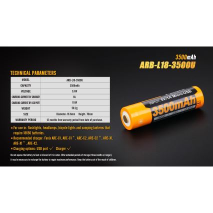 Fenix FE18650LI35USB - 1 stuk USB-oplaadbare Li-ion-accu, 3,6 V, 3500 mAh
