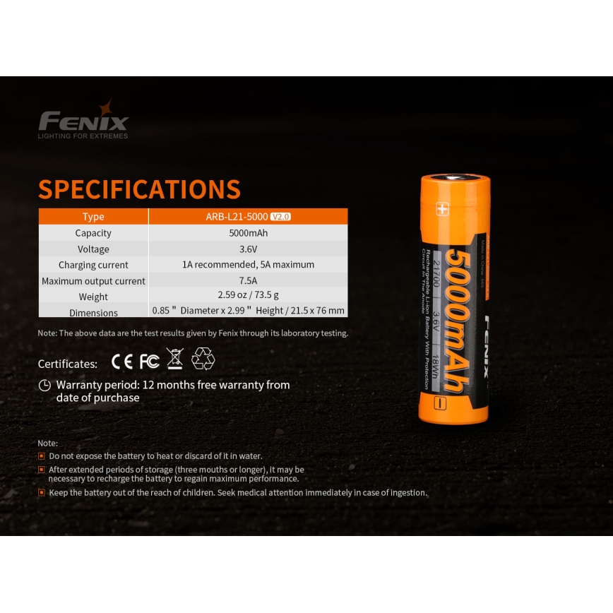 Fenix FE21700V20 - 1 stuk oplaadbare accu 21700/3,6 V 5000 mAh
