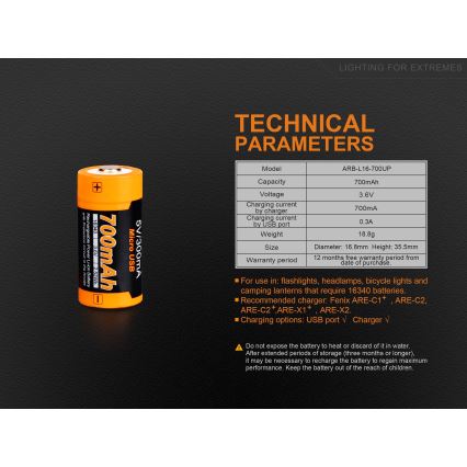Fenix FERCR123ALIIONUP - 1 stuk USB-oplaadbare batterij, 3,6 V, 700 mAh