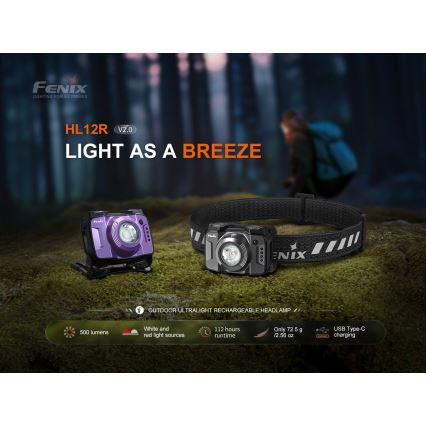 Fenix HL12RV20BLC - Dimbare oplaadbare LED-hoofdlamp LED/USB 950 mAh IP66 500 lm 112 uur zwart
