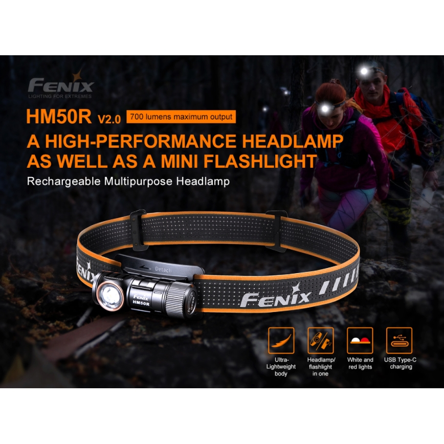 Fenix HM50RV20 - LED Oplaadbare hoofdlamp 3xLED/USB/1xCR123A IP68 700 glanzend 120 h 700 mAh