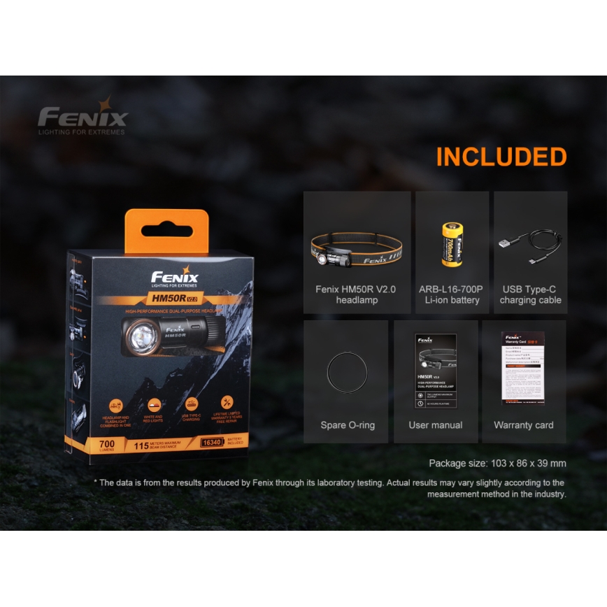 Fenix HM50RV20 - LED Oplaadbare hoofdlamp 3xLED/USB/1xCR123A IP68 700 glanzend 120 h 700 mAh