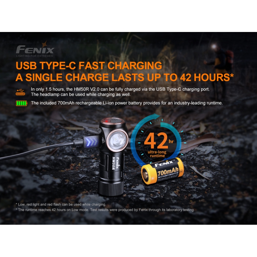 Fenix HM50RV20 - LED Oplaadbare hoofdlamp 3xLED/USB/1xCR123A IP68 700 glanzend 120 h 700 mAh