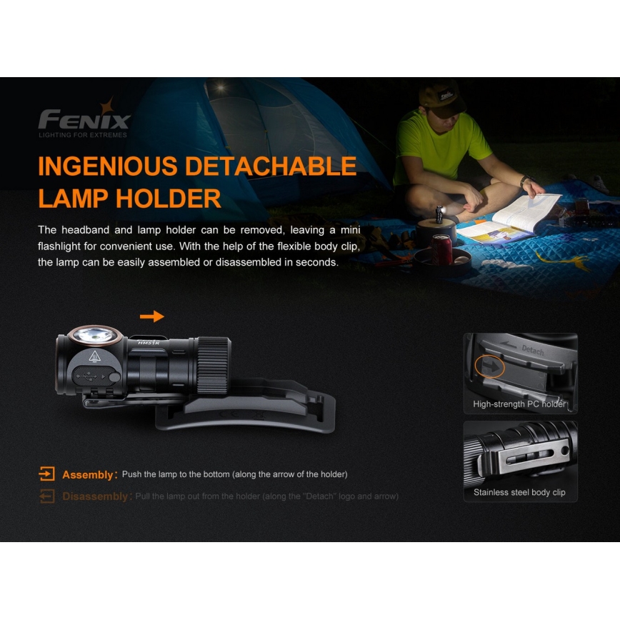 Fenix HM51RV30 - dimbare oplaadbare LED-hoofdlamp LED/USB/1xCR123A 950 mAh IP68 860 lm 125 h oranje