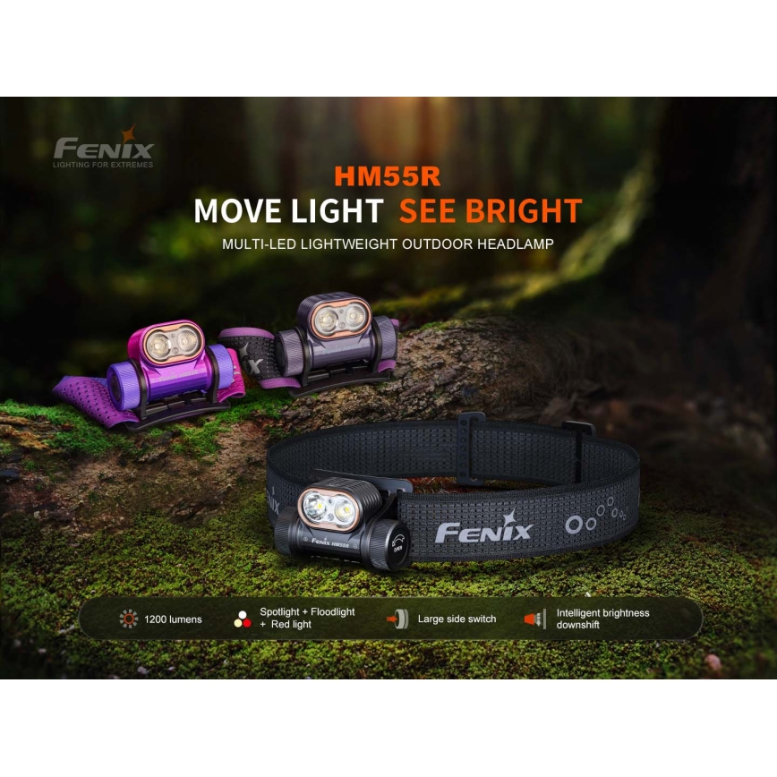 Fenix HM55RPRP - LED dimbare oplaadbare hoofdlamp LED/USB/1xCR123A 1600 mAh IP68 1200 lm 141,2 h paars/zwart