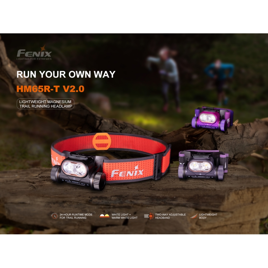 Fenix HM65RTV20PRP - LED Dimbaar oplaadbaar hoofdlamp LED/USB/2xCR123A IP68 1600 lm 300h 3400 mAh zwart/paars