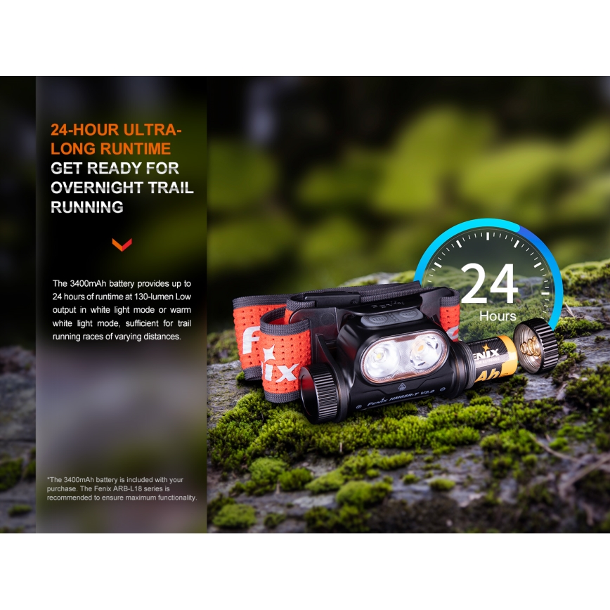 Fenix HM65RTV20PRP - LED Dimbaar oplaadbaar hoofdlamp LED/USB/2xCR123A IP68 1600 lm 300h 3400 mAh zwart/paars