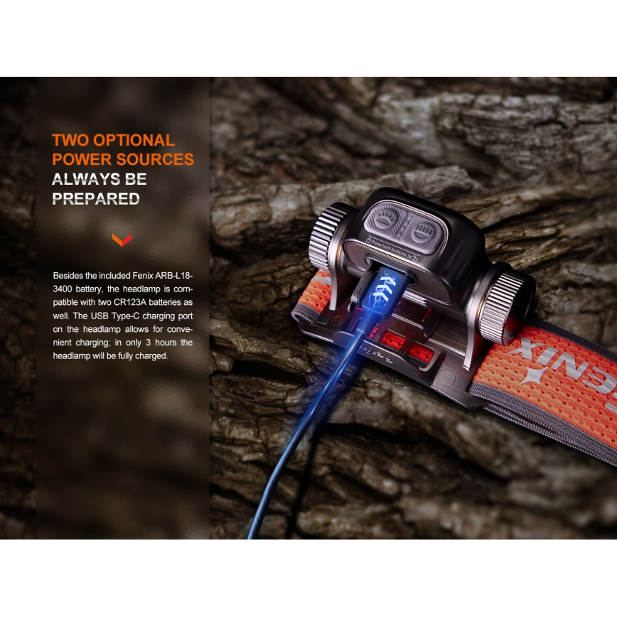Fenix HM65RTV20PRP - LED Dimbaar oplaadbaar hoofdlamp LED/USB/2xCR123A IP68 1600 lm 300h 3400 mAh zwart/paars