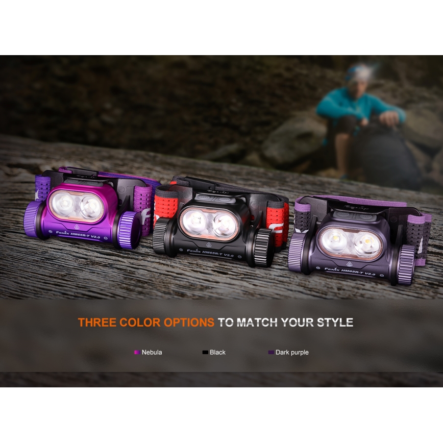 Fenix HM65RTV20PRP - LED Dimbaar oplaadbaar hoofdlamp LED/USB/2xCR123A IP68 1600 lm 300h 3400 mAh zwart/paars