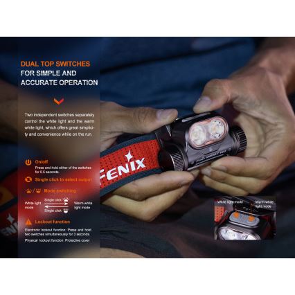 Fenix HM65RTV20PRP - LED Dimbaar oplaadbaar hoofdlamp LED/USB/2xCR123A IP68 1600 lm 300h 3400 mAh zwart/paars