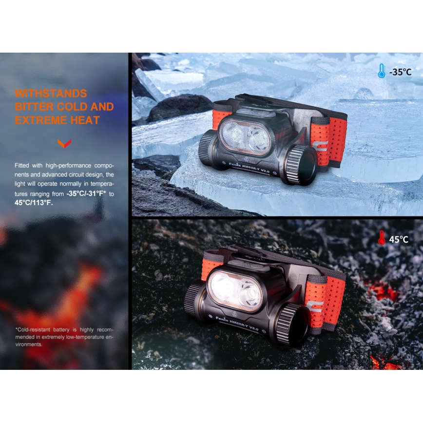 Fenix HM65RTV20PRP - LED Dimbaar oplaadbaar hoofdlamp LED/USB/2xCR123A IP68 1600 lm 300h 3400 mAh zwart/paars