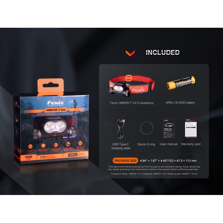 Fenix HM65RTV20PRP - LED Dimbaar oplaadbaar hoofdlamp LED/USB/2xCR123A IP68 1600 lm 300h 3400 mAh zwart/paars