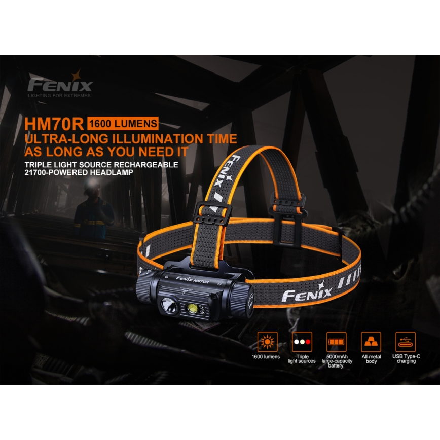 Fenix HM70R - LED Oplaadbare hoofdlamp 4xLED/1x21700 IP68 1600 glanzend 800 h 5000 mAh