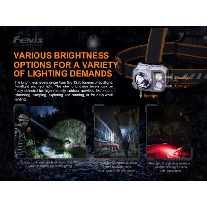 Fenix HP16R1250 - LED Oplaadbare hoofdlamp 3xLED/USB 4xAA IP66 1250 Im 600 h 3000 mAh