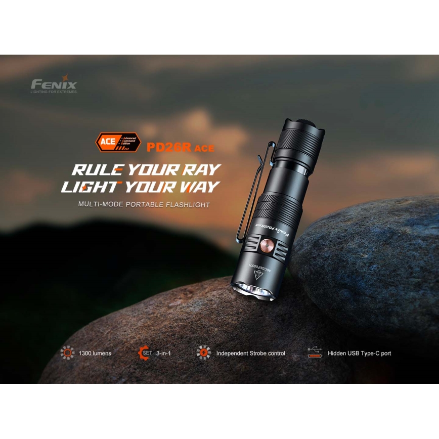 Fenix PD26RACE - Dimbare oplaadbare LED-zaklamp, LED/USB, 1600 mAh, IP68, 1300 lm, 556 h, zwart