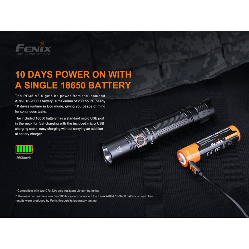 Fenix PD35V30 - LED Oplaadbare zaklamp LED/USB/2xCR123A IP68 1700 glanzend 230 h 2600 mAh