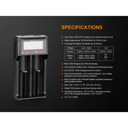 Fenix ​​FENARED2 - Acculader 2xLi-ion/AAA/AA/C 5V