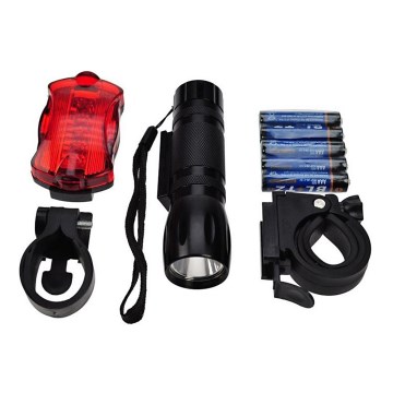 Fietslampenset - voorlicht LED 3W + achterlicht 5xLED, 2xhouder, 2x+3xAAA baterij IP44