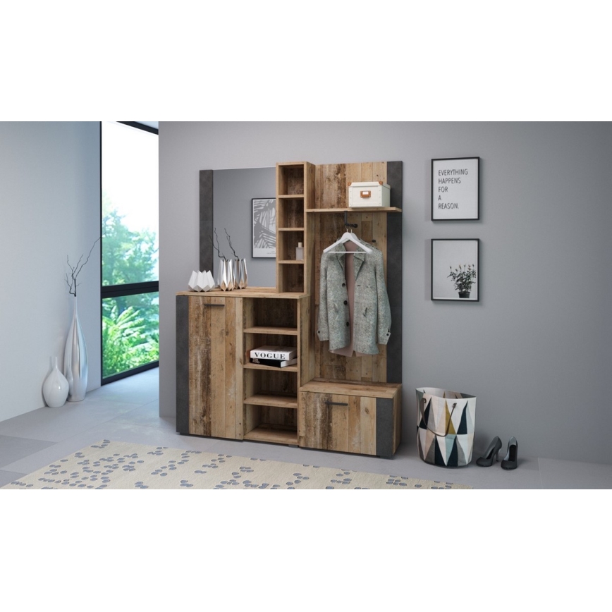 Garderobewand met spiegel KEVIN bruin/zwart