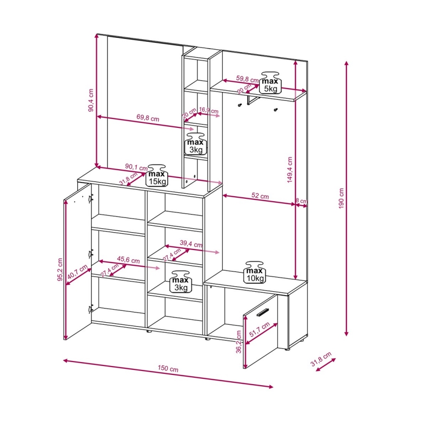 Garderobewand met spiegel KEVIN bruin/zwart