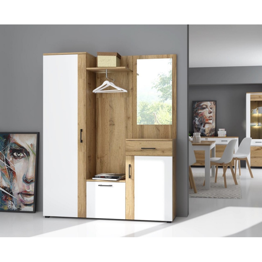 Garderobewand met spiegel NOLAN artisan eik/wit