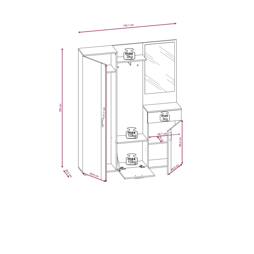 Garderobewand met spiegel NOLAN artisan eik/wit