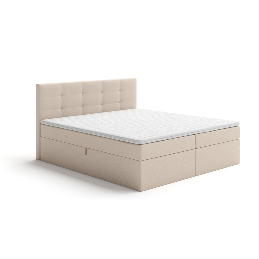 Gestoffeerd bed EMBER 160x200 cm inclusief matrassen, topper en opbergruimte, beige
