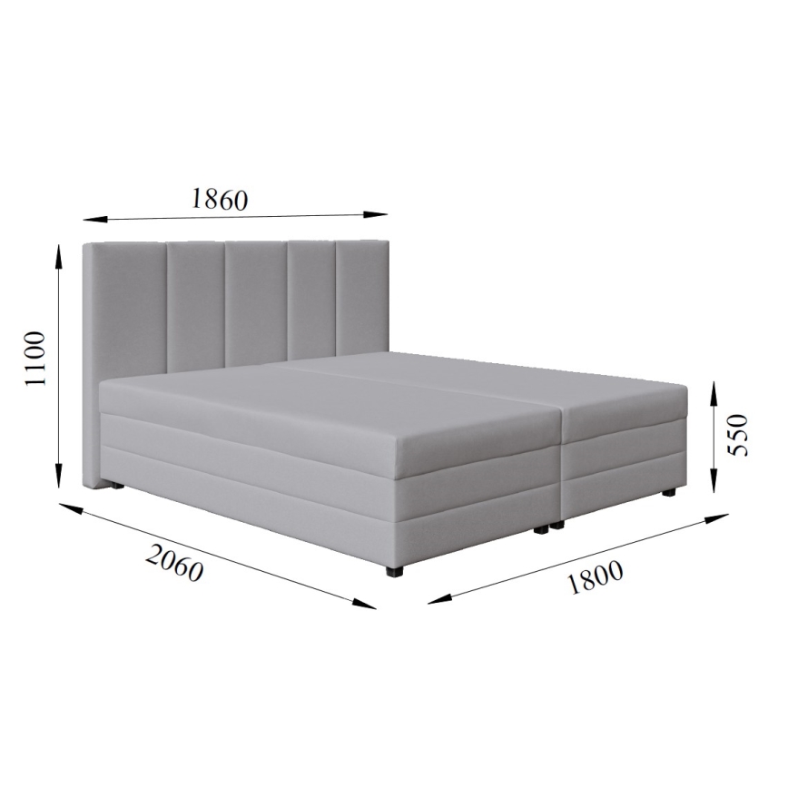 Gestoffeerd bed ISABEL 180x200 met verenmatras en opbergruimte, lichtgrijs