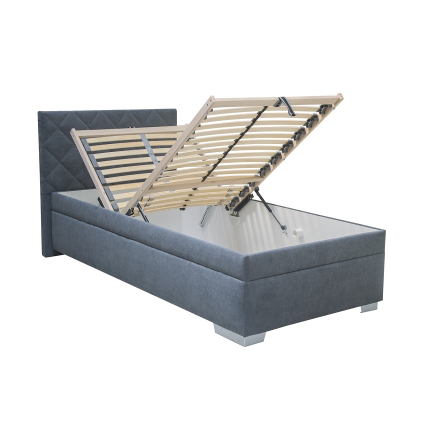 Gestoffeerd bed LANA 90 x 200 cm met opbergruimte en matras, blauw
