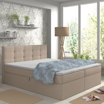 Gestoffeerd tweepersoonsbed EMBER 180x200 cm met matrassen, topper en opbergruimte, beige