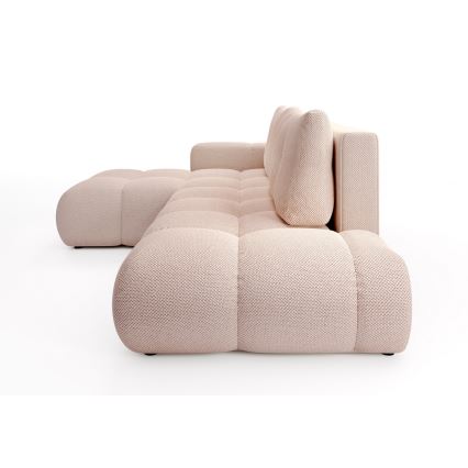 Uitklapbare gestoffeerde hoekbank in L-vorm met opbergruimte ALMADA links roze