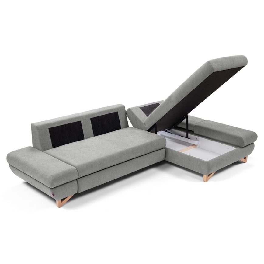 Uitklapbare gestoffeerde L-hoekbank AVESTA met opbergruimte, rechts, grijs