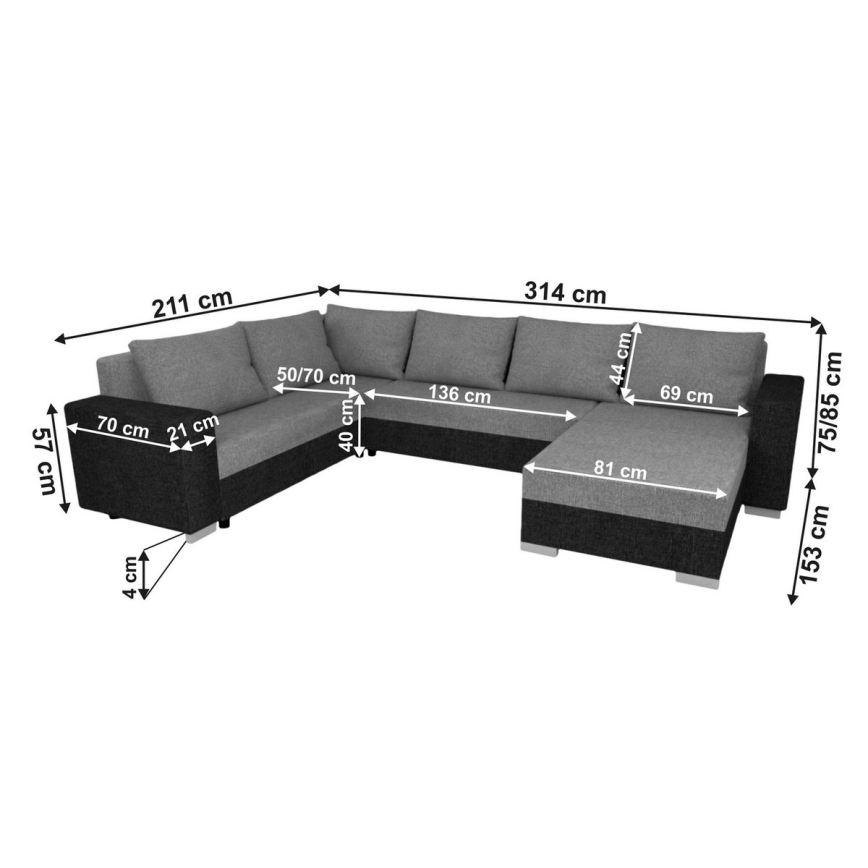 Gestoffeerde, omkeerbare U-vormige uitklapbare bank YORK – zwart/antraciet