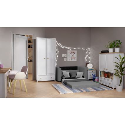 Gestoffeerde tweezits slaapbank met armleuningen LAYLA, grijs