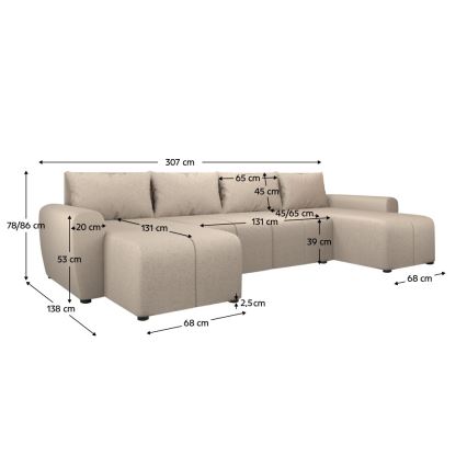 Gestoffeerde, universeel opvouwbare U-vormige loungeset NEWPORT beige