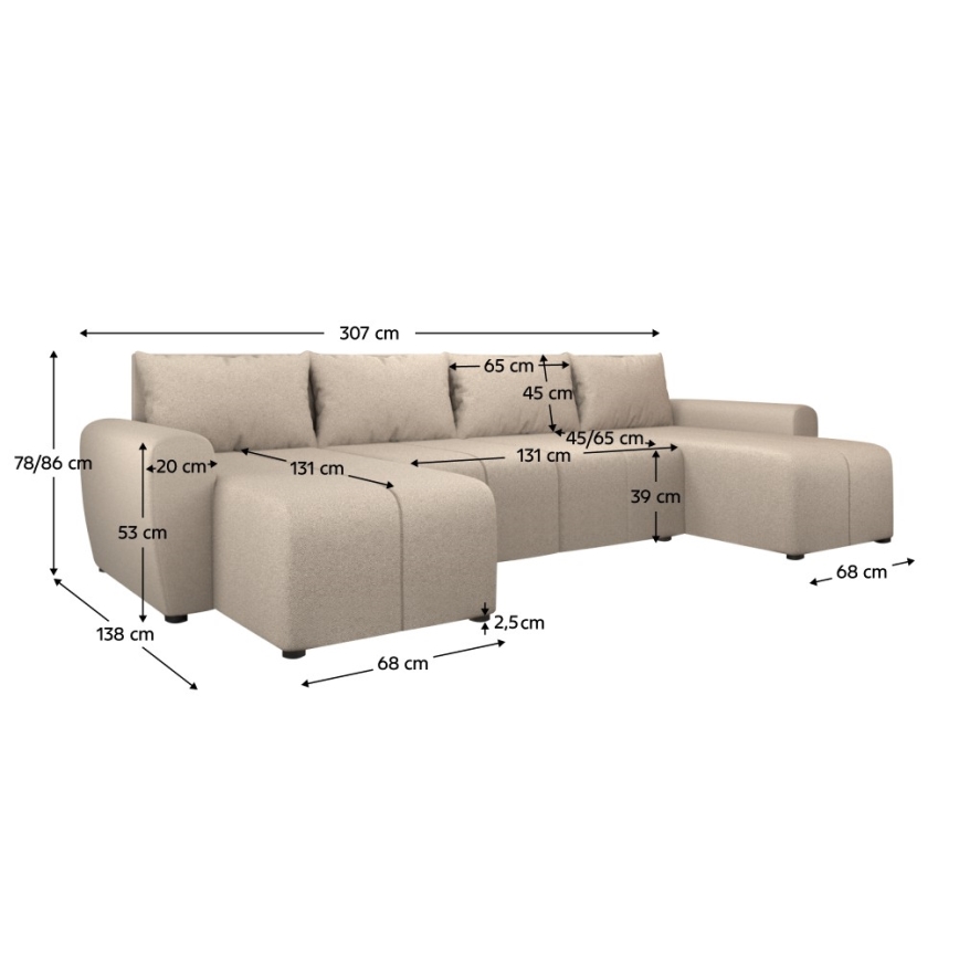 Gestoffeerde, universeel opvouwbare U-vormige loungeset NEWPORT beige