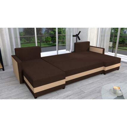 Gestoffeerde universele uitklapbare U-vormige hoekbank BRISTOL bruin/beige