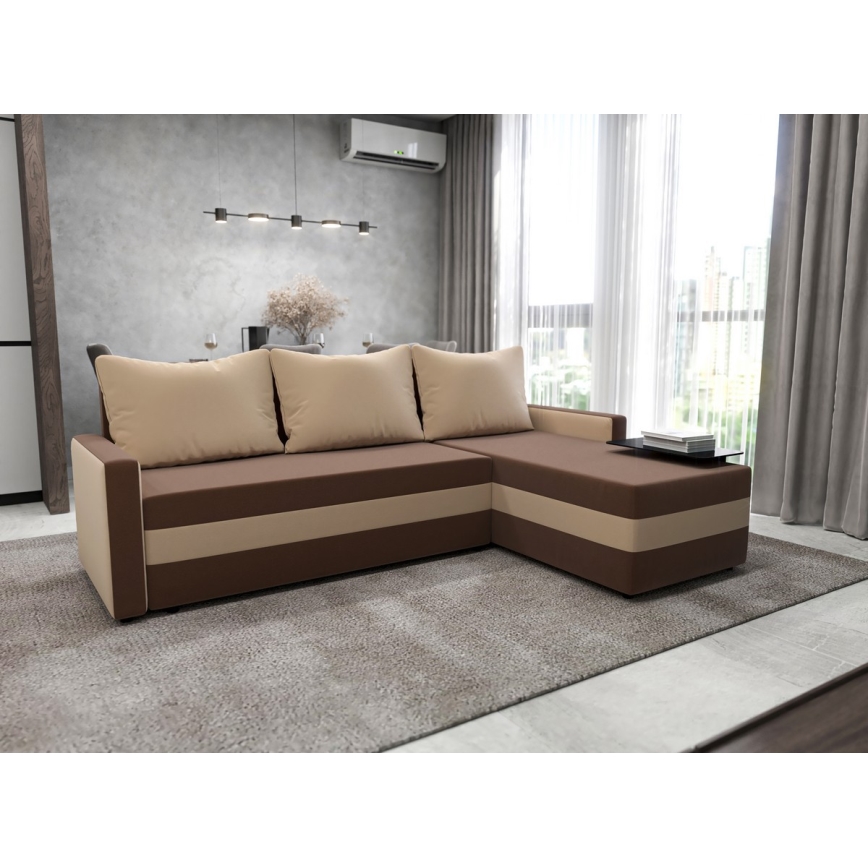 Gestoffeerde, universele, opvouwbare hoekbank in L-vorm BRISTOL bruin/beige