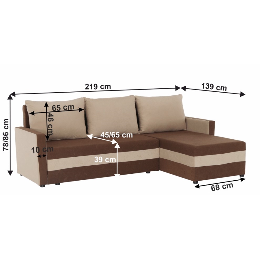 Gestoffeerde, universele, opvouwbare hoekbank in L-vorm BRISTOL bruin/beige