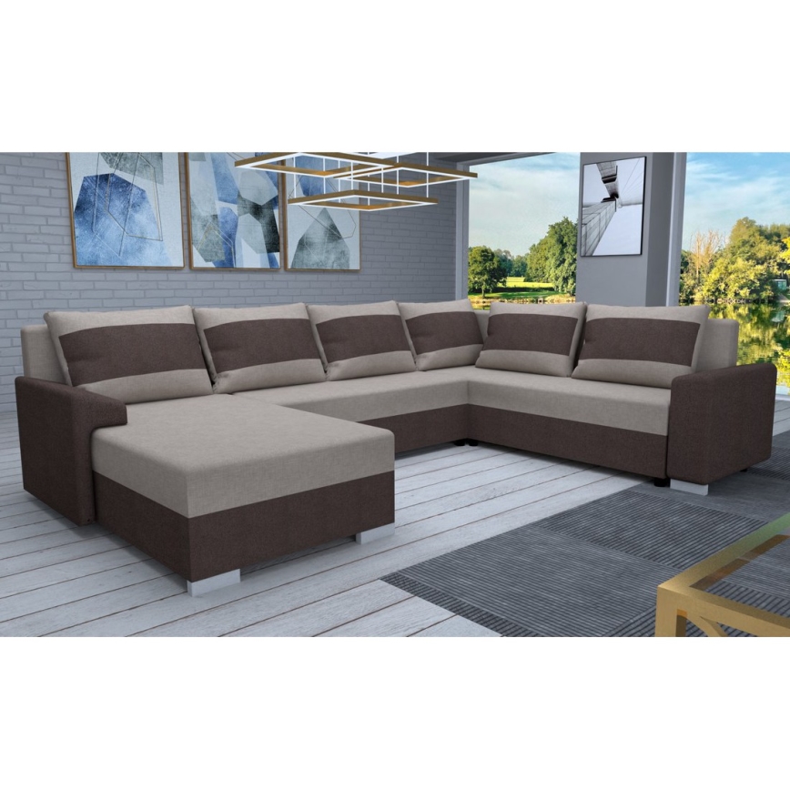 Gestoffeerde universele uitklapbare U-vormige bank OXFORD bruin/taupe