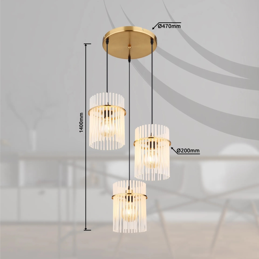 Globo - Hanglamp aan een koord 3xE27/60W/230V diameter 47 cm goud
