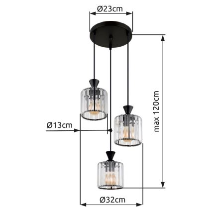 Globo - Hanglamp aan een koord 3xE27/60W/230V diameter 32 cm zwart