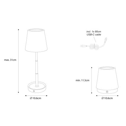 Globo - Dimbare tafellamp met aanraakbediening, oplaadbaar, LED/1,2W/3V 1200 mAh