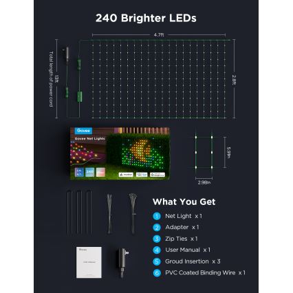 Govee - LED RGBIC Buitenverlichtingsnet 143x85cm Wi-Fi Matter IP65