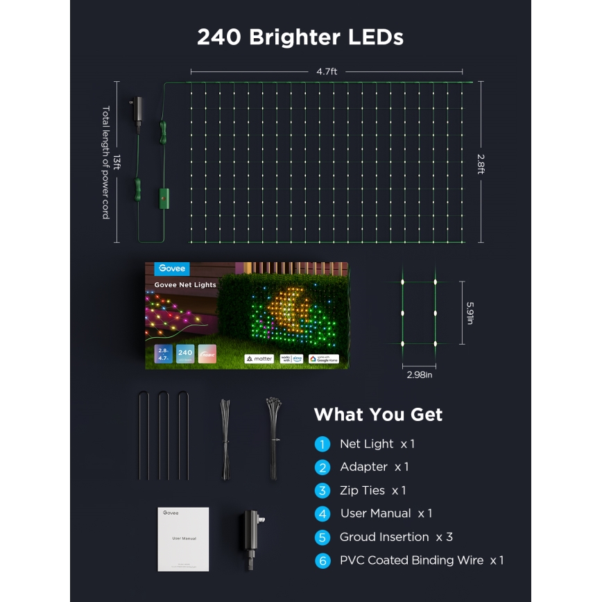 Govee - LED RGBIC Buitenverlichtingsnet 143x85cm Wi-Fi Matter IP65