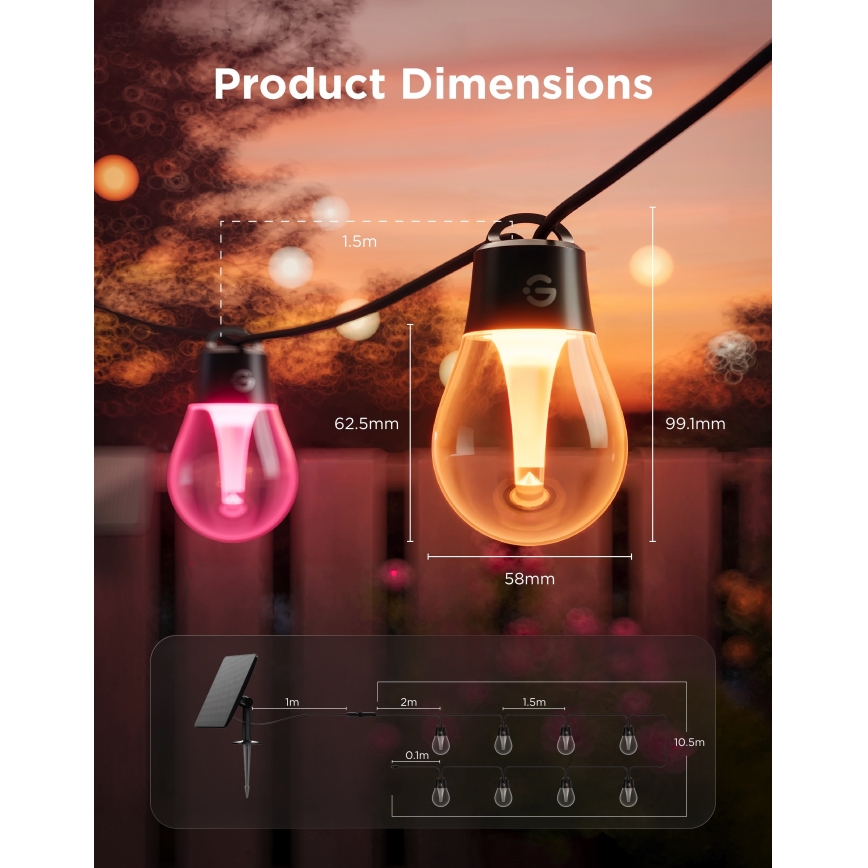 Govee - LED RGBICW Lichtsnoer op zonne-energie 8xLED/6W/5V Wi-Fi Matter IP67