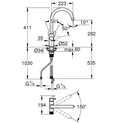 GROHE 30592000 - Keukenkraan BLUE PURE StartCurve 411 mm, glanzend chroom